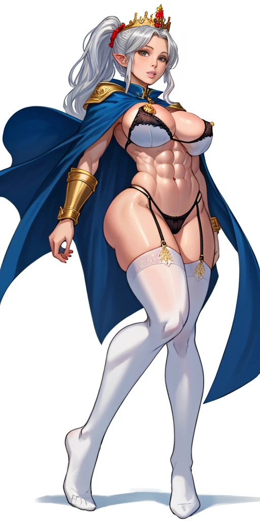 ((masterpiece, white background:1.2)) full body of a woman, standing feet together, extremely long hair, ponytail, perfect anatomy 1sologirl, tall slim thick ((muscular)) high elf toned body, silver breast plate, blue cape, slender abs, hourglass waist, detailed face, defined cheekbones, puffy lips, red gloves gauntlets, gold crown, shadow over eyes, looking at viewer view from below, white thigh highs lingerie