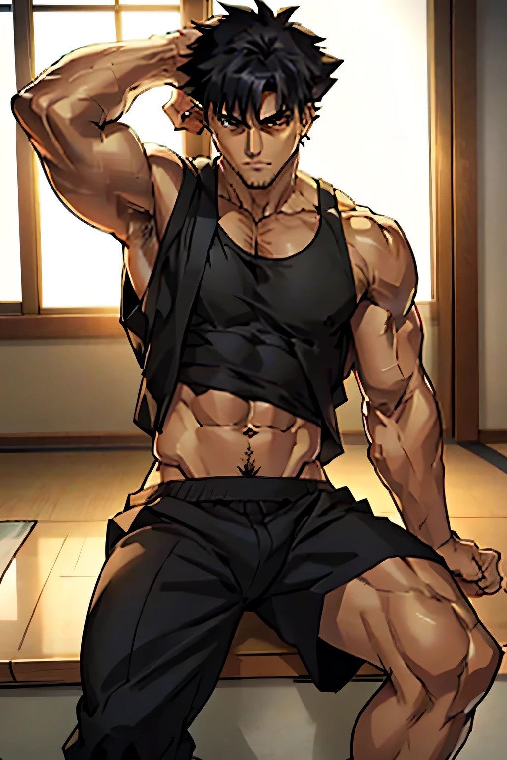 Kiritsugu Emiya is sitting and flexing his abs and biceps in a frontal flexing pose. He is wearing a black tanktop and black boxershorts. His arms have many huge veins.