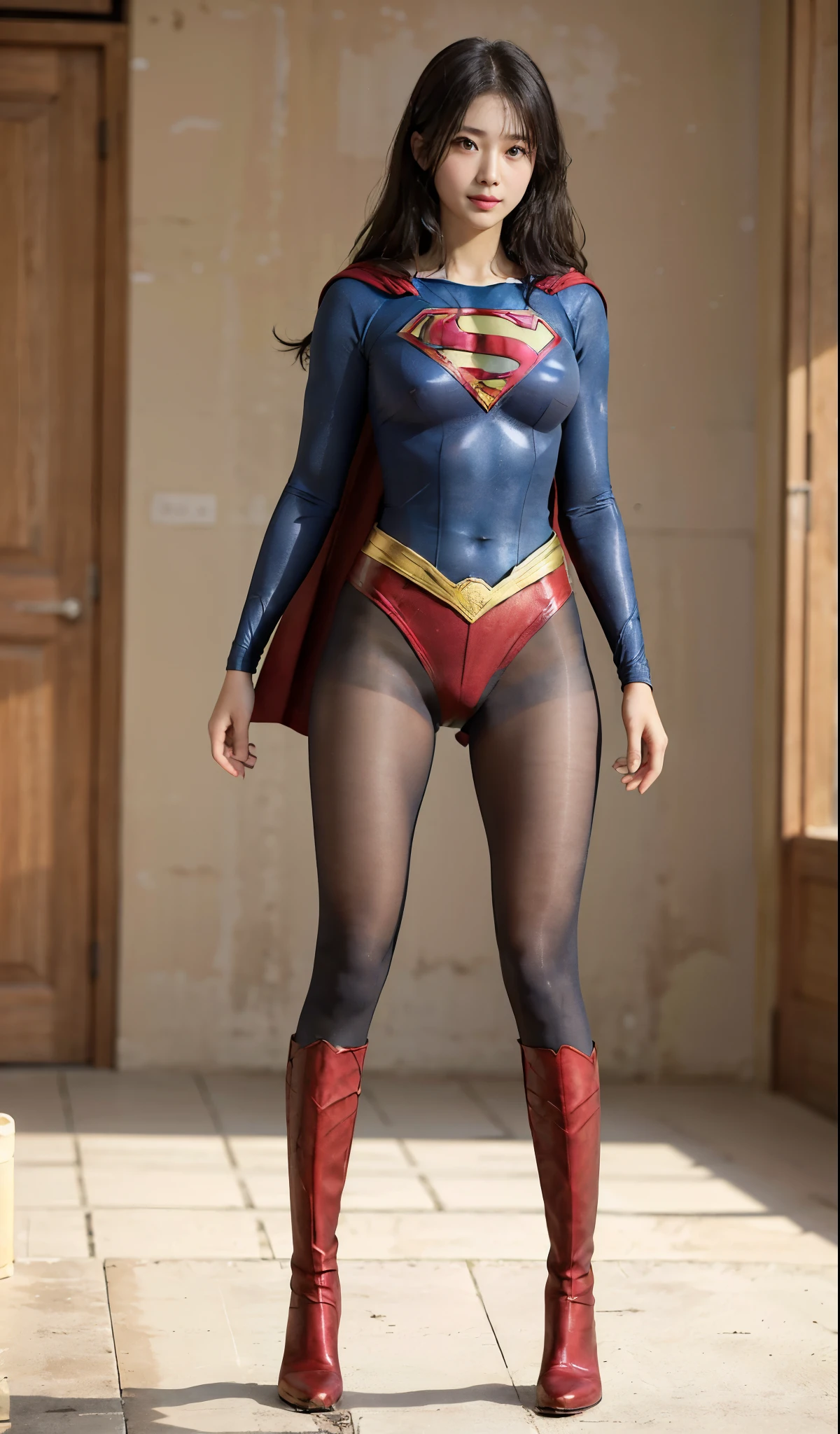 No background、(((Beautiful legs in black tights.)))、(((Legally express the beauty of your smile)))、((((Make the most of your original images)))、(((Supergirl Costume)))、(((Beautiful Hair)))、(((suffering)))、(((Please wear black tights....、Wear red boots)))、((Best image quality、8k))、((highest quality、8k、masterpiece:1.3))、(((Preserve background )))、Sharp focus:1.2、Beautiful woman with perfect figure:1.4、Slim Abs:1.2、Wet body:1.5、Highly detailed face and skin texture、8k