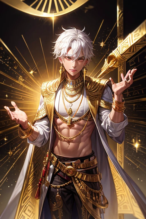 Egyptian sorcerer, Calajan, male, 40 years old, short messy white hair, silver ornaments, brown eyes, white and gold Egyptian clothing, dark gold vest with silver snake print, gold belt, dark gold pants, gold pendant with Egyptian symbol with pink quartz gems, gold rings on both hands, slim build, base of an Egyptian pyramid, pyramid,