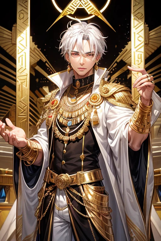 Egyptian sorcerer, Calajan, male, 40 years old, short messy white hair, silver ornaments, brown eyes, white and gold Egyptian clothing, dark gold vest with silver snake print, gold belt, dark gold pants, gold pendant with Egyptian symbol with pink quartz gems, gold rings on both hands, slim build, base of an Egyptian pyramid, pyramid,