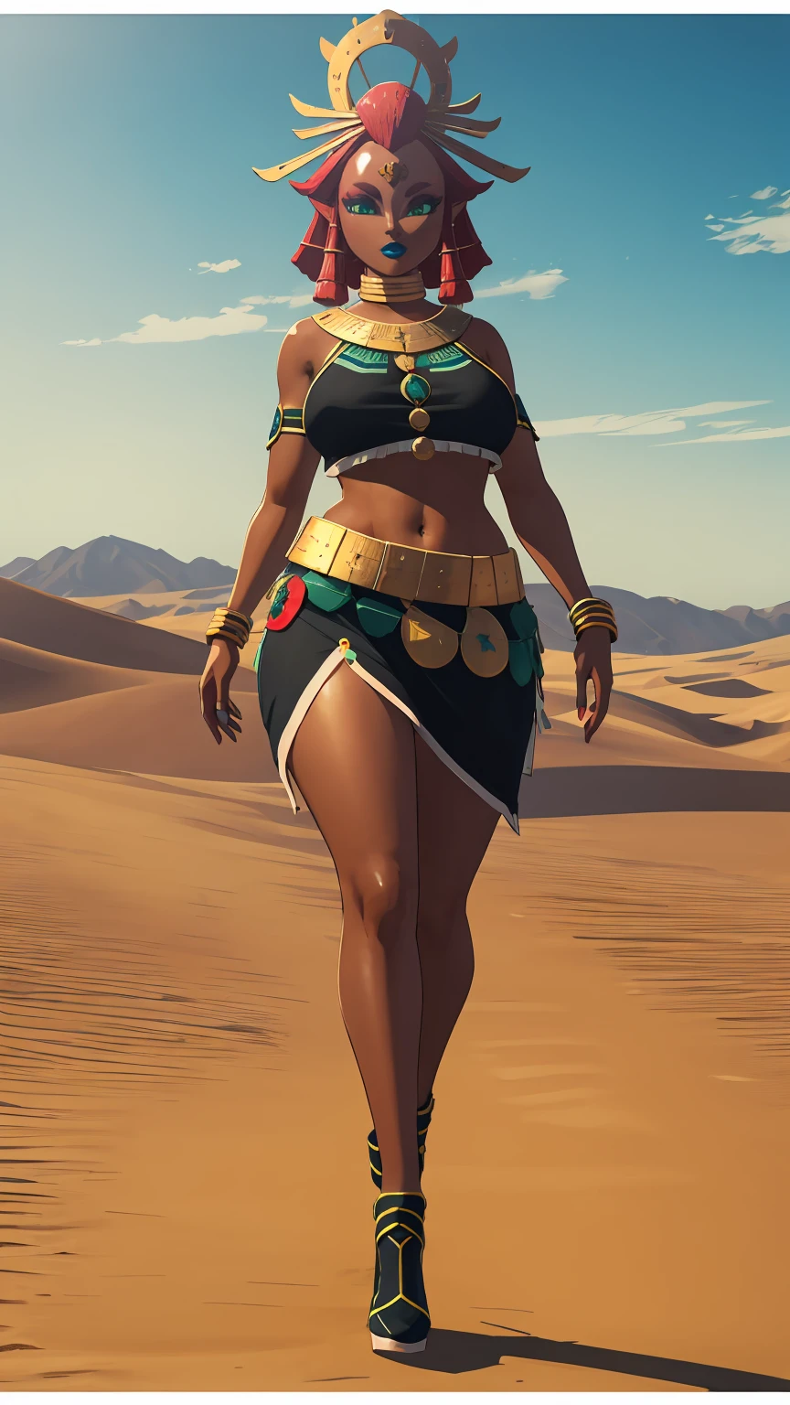 Big breasts, green eyes, dark blue lips, walk for desert, full body, Riju