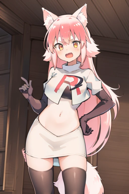 girl, pink wolf ears, pink hair, pink wolf tail, team rocket,team rocket uniform,white skirt,red letter R,crop top,black thigh-highs,black elbow gloves