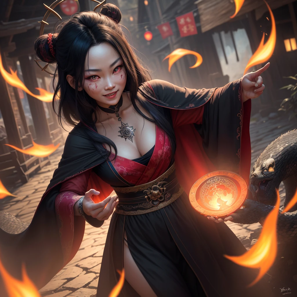A witchy Asian spirit, Malaysian woman, age 25, ankle length hair, corrupt billowing silken robes with blood red trim (very risque but still enough is covered to be SFW) , glowing eyes, and a unholy aura, she is laughing cruelly, she floats above a corrupt magic circle in a medieval European village, black serpentine Asian drakes slither around the edges of the scene(almost out of sight, almost out of reach). (best quality, 4k, highres, masterpiece:1.2), ultra-detailed, (realistic, photorealistic, photo-realistic:1.37), HDR, UHD, studio lighting, ultra-fine painting, sharp focus, physically-based rendering, extreme detail description, professional, vivid colors, bokeh, portraits, landscape, horror, anime, sci-fi, photography, concept artists, vibrant colors, soft lighting.