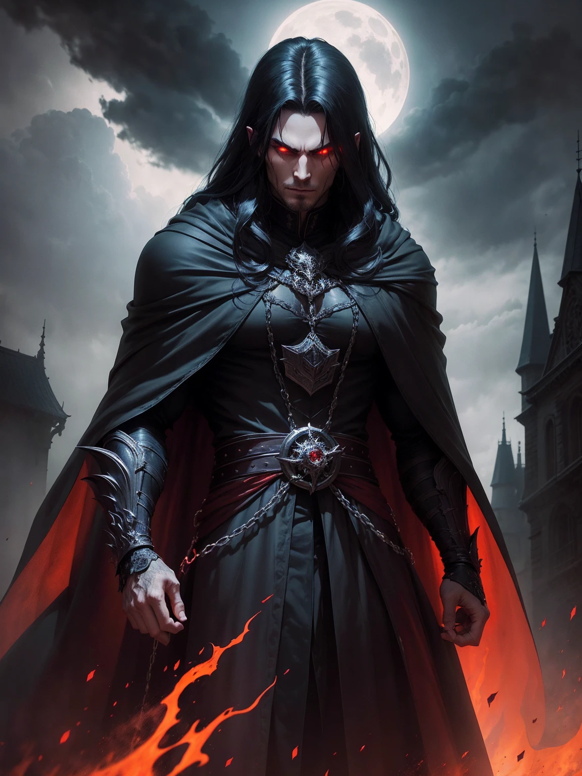 a dark muscular male evil lord, long flowing black hair, black and red cloak, piercing red eyes, menacing expression, powerful aura, standing in a dimly lit chamber,, casting eerie shadows, , adorned with intricate details, with a sinister grin, exuding an aura of darkness, with an intimidating presence, in a gothic castle, with imposing architecture, shrouded in mist, under a blood-red moon, with a storm brewing in the background, creating a foreboding atmosphere, reminiscent of a dark fantasy novel cover, with a dramatic lighting, emphasizing the contrast between light and shadow, evoking a sense of mystery and danger, with a touch of supernatural elements and captivating artistry."