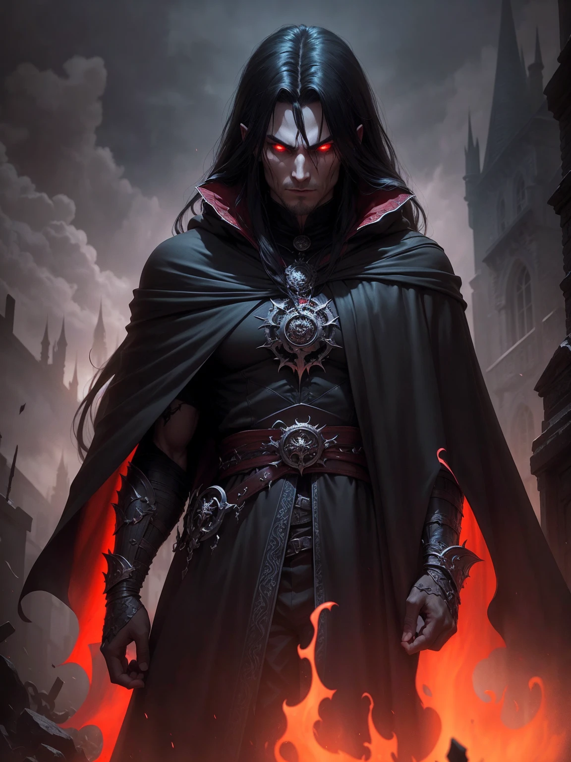 a dark muscular male evil lord, long flowing black hair, black and red cloak, piercing red eyes, menacing expression, powerful aura, standing in a dimly lit chamber,, casting eerie shadows, , adorned with intricate details, with a sinister grin, exuding an aura of darkness, with an intimidating presence, in a gothic castle, with imposing architecture, shrouded in mist, under a blood-red moon, with a storm brewing in the background, creating a foreboding atmosphere, reminiscent of a dark fantasy novel cover, with a dramatic lighting, emphasizing the contrast between light and shadow, evoking a sense of mystery and danger, with a touch of supernatural elements and captivating artistry."