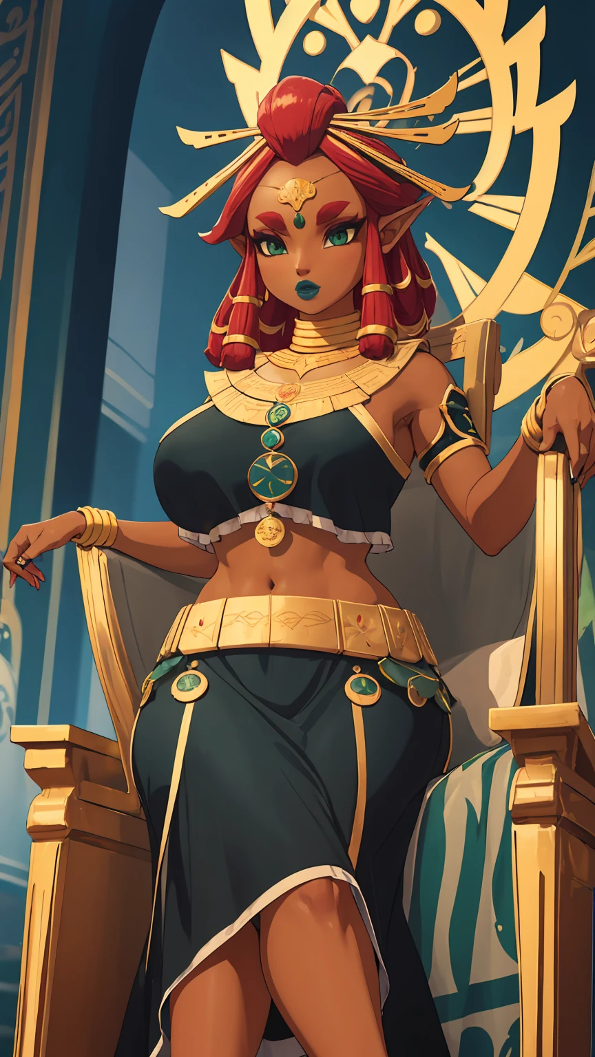 Big breasts, green eyes, dark blue lips, sitting on a throne, Riju