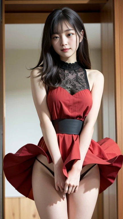 (top-quality、8k、32k、​masterpiece、UHD:1.2)、Photo of a cute german woman 12 years old、blonde long hair (Sad smile、red blush:1.1)、looking at the viewers、{{(Beautiful detailed dress skirt:1.2::red there)}}、detailed legs、(Spread legs:0.9)、(Lace pantie:0.9)、{{{(wind lift:1.6)}}}、{{full bodyesbian、the wind}}、City、outside of house