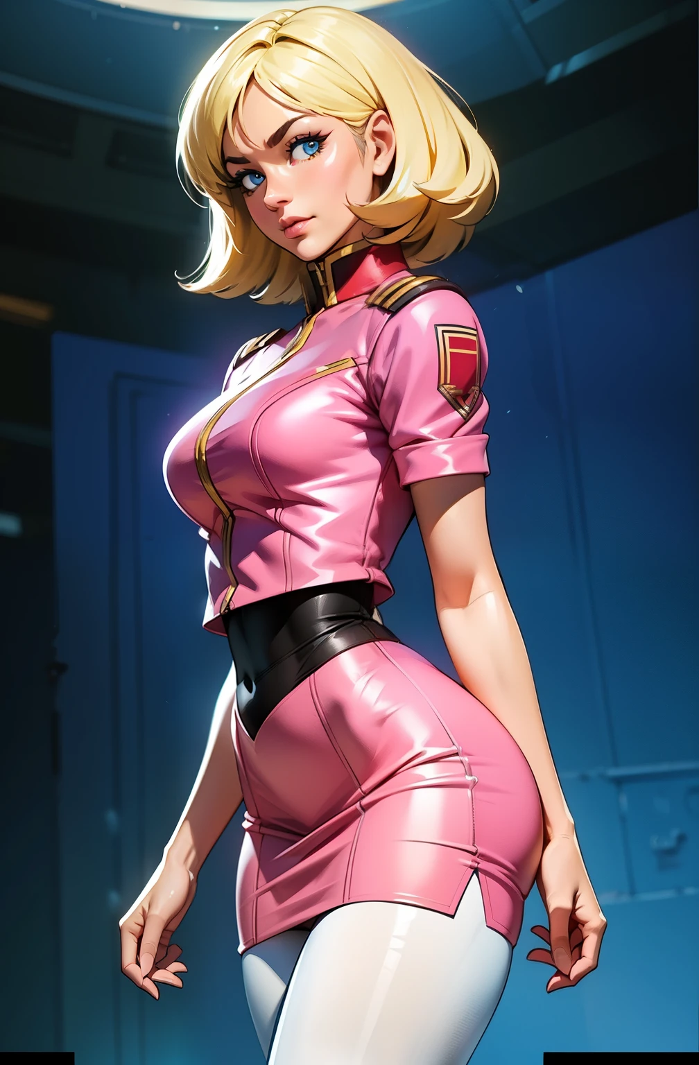 ((masterpiece)), ((cinematic lighting)), realistic photo、Real Images、Top image quality、1girl in, sayla mass, Elegant, masterpiece, Convoluted, slim arms, wide hips, thick thighs, thigh gaps, Best Quality, absurderes, high face detail, Perfect eyes, mature, Cowboy Shot, , Vibrant colors, soft pink uniform, soft pink Skirt, white tights, side view, looking at viewer