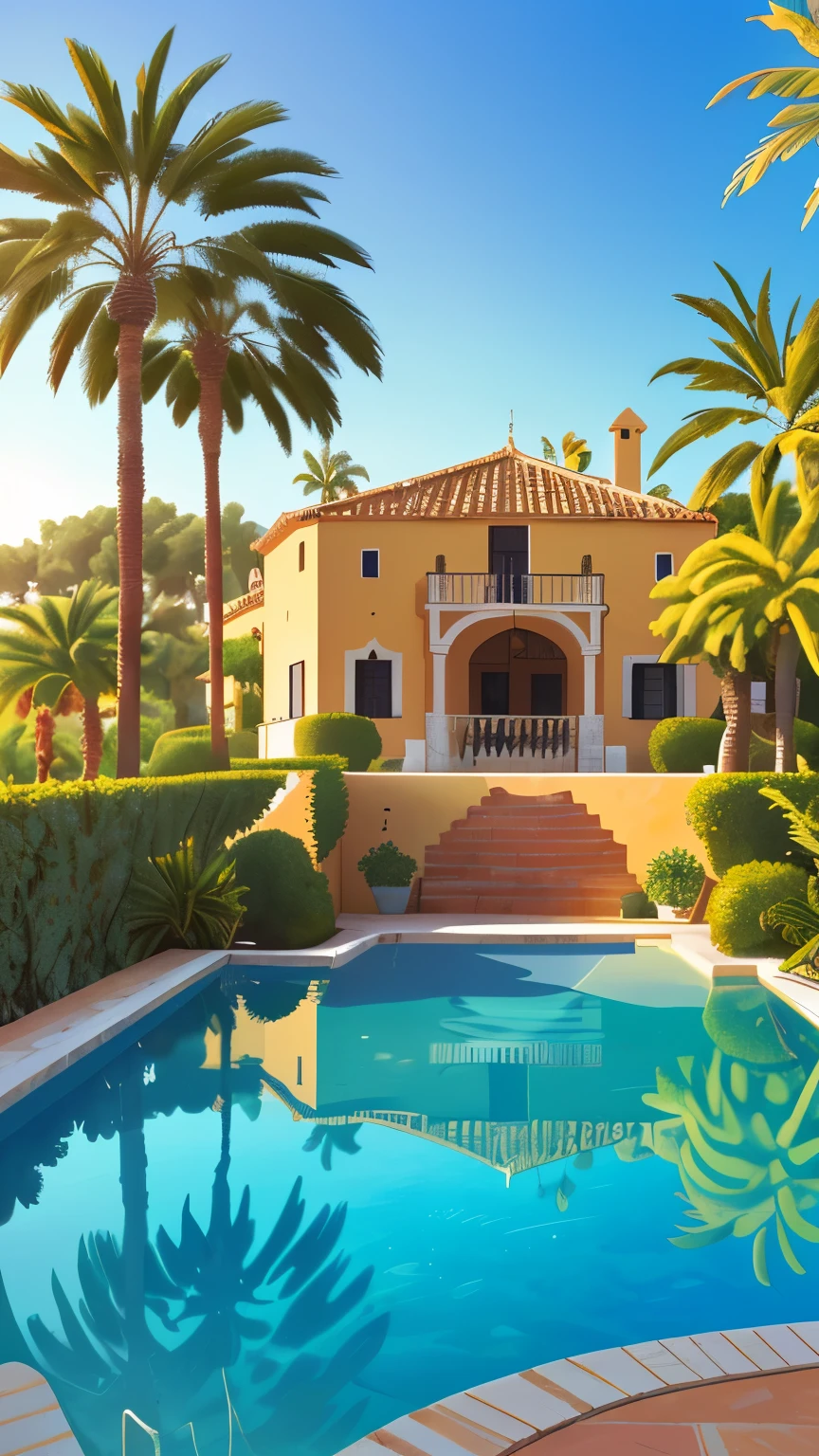 An idyllic Spanish villa under the warm Mediterranean sun, with palm trees swaying gently in the breeze.