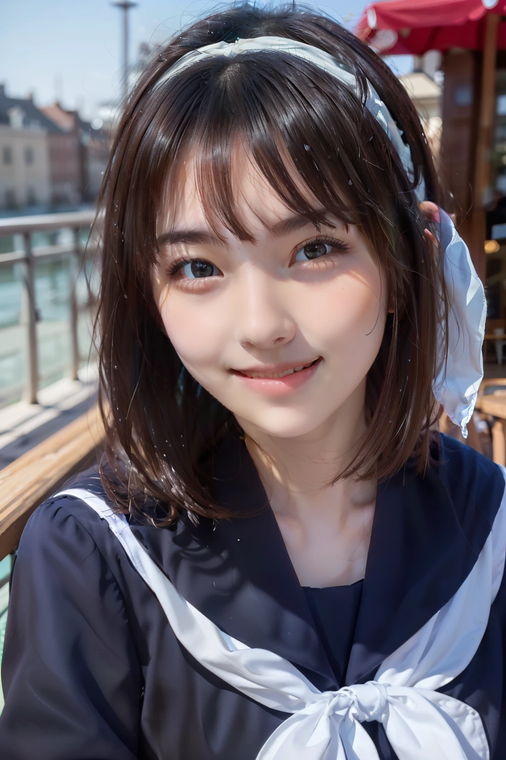 Sailor suit, One Woman, (Beautiful woman, delicate :1.3), Shiny Black Hair, Bobcut, bangs, (8k), (highest quality: 1.2), (Realistic), (Realistic: 1.37), (masterpiece), (Ultra-high resolution), (RAW Photos), (Absolute Resolution), (((face is small compared to body: 1.4))), (((Small face:１.4))), A balanced face, (Small Mouth: 1.4), ((Slim female body: 1.4)), Black Hair, (((long sleeve Sailor suit))), realistic high school girl, (((White headband))), Small breasts, Slanted Eyes, Bright Blue Eyes, (Cafe on the open terrace), Open your mouth, smile, Blurred, full body,