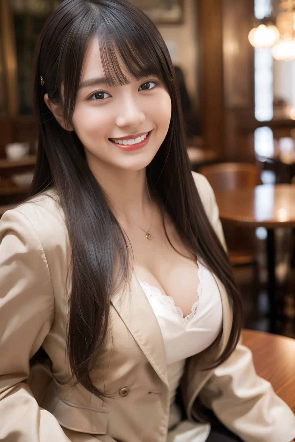 masterpiece, best quality:1.1), (8k, raw photo, photo realistic:1.2, f22), (shiny skin), detailed skin,long hair,detailed face, detailed eyes, smile, real world, intricate details, smil, 1girl,jacket,mini skirt, breast cleavage, break at a cafe,looking at the viewer,from front ,adorable 