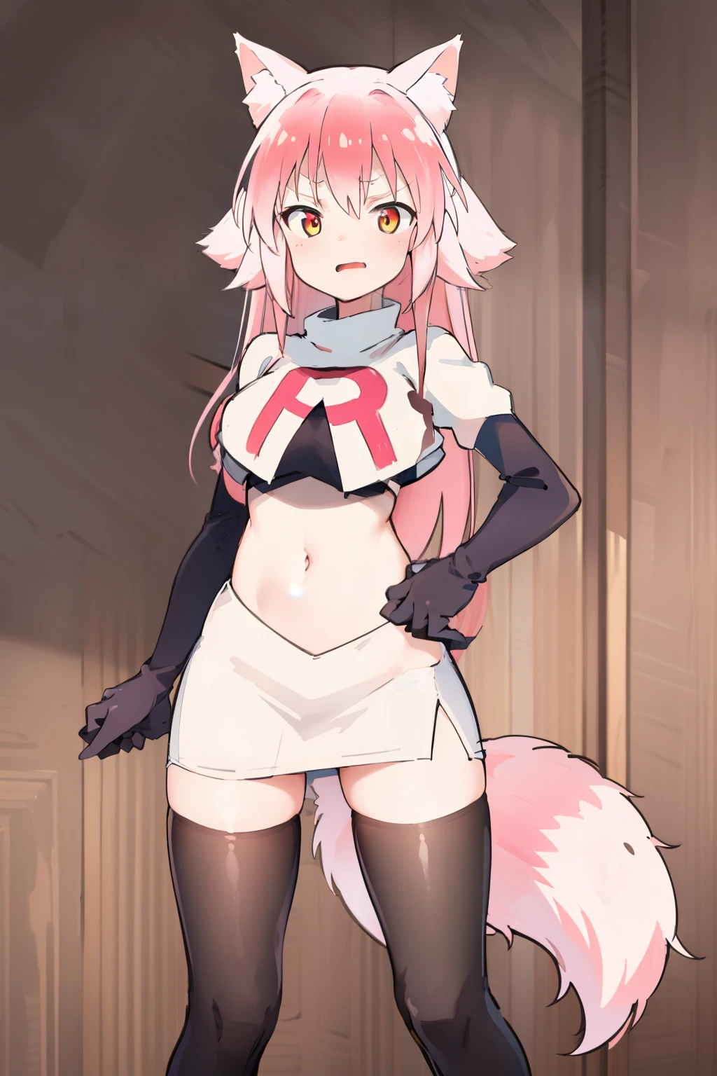 girl, pink wolf ears, pink hair, pink wolf tail, team rocket,team rocket uniform,white skirt,red letter R,crop top,black thigh-highs,black elbow gloves