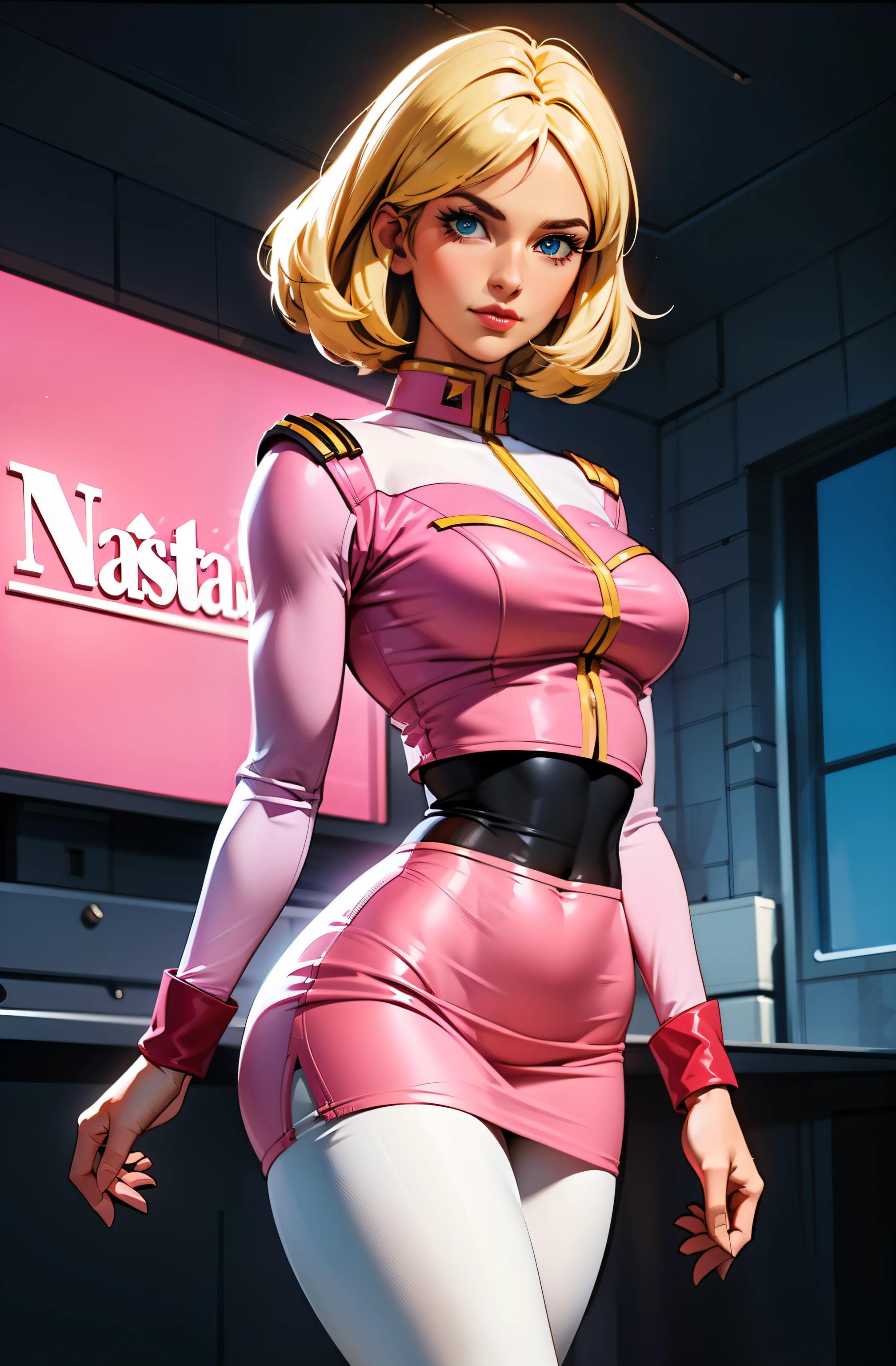 ((masterpiece)), ((cinematic lighting)), realistic photo、Real Images、Top image quality、1girl in, sayla mass, Elegant, masterpiece, Convoluted, slim arms, wide hips, thick thighs, thigh gaps, Best Quality, absurderes, high face detail, Perfect eyes, mature, Cowboy Shot, , Vibrant colors, soft pink uniform, soft pink Skirt, white tights, side view, looking at viewer