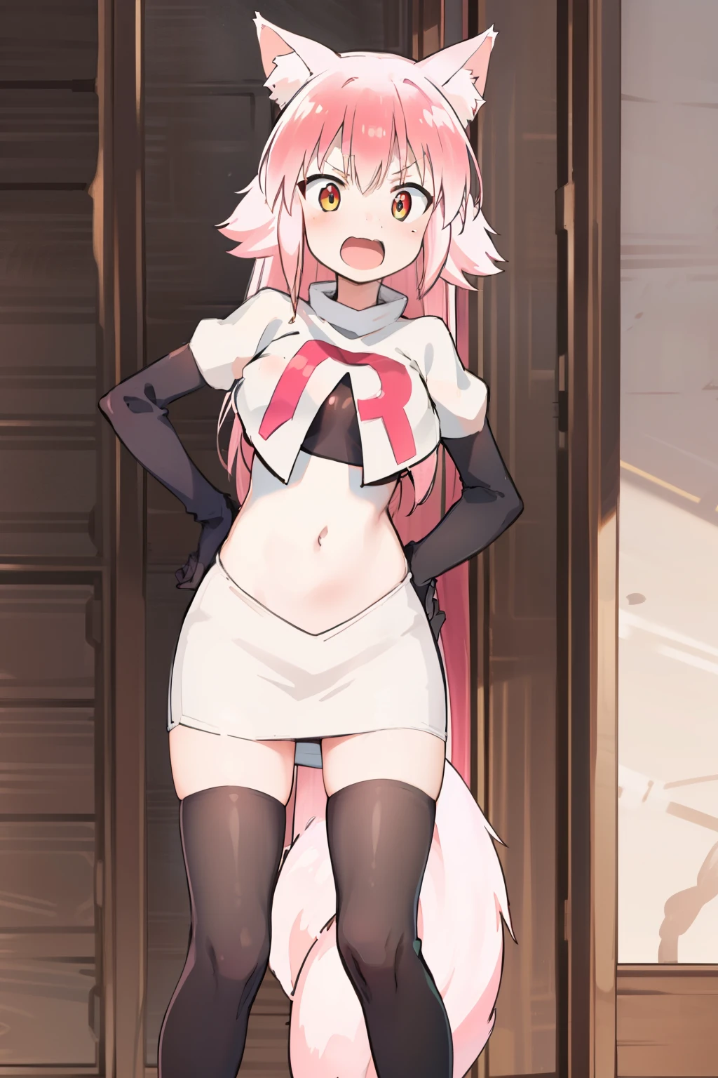 girl, pink wolf ears, pink hair, pink wolf tail, team rocket,team rocket uniform,white skirt,red letter R,crop top,black thigh-highs,black elbow gloves
