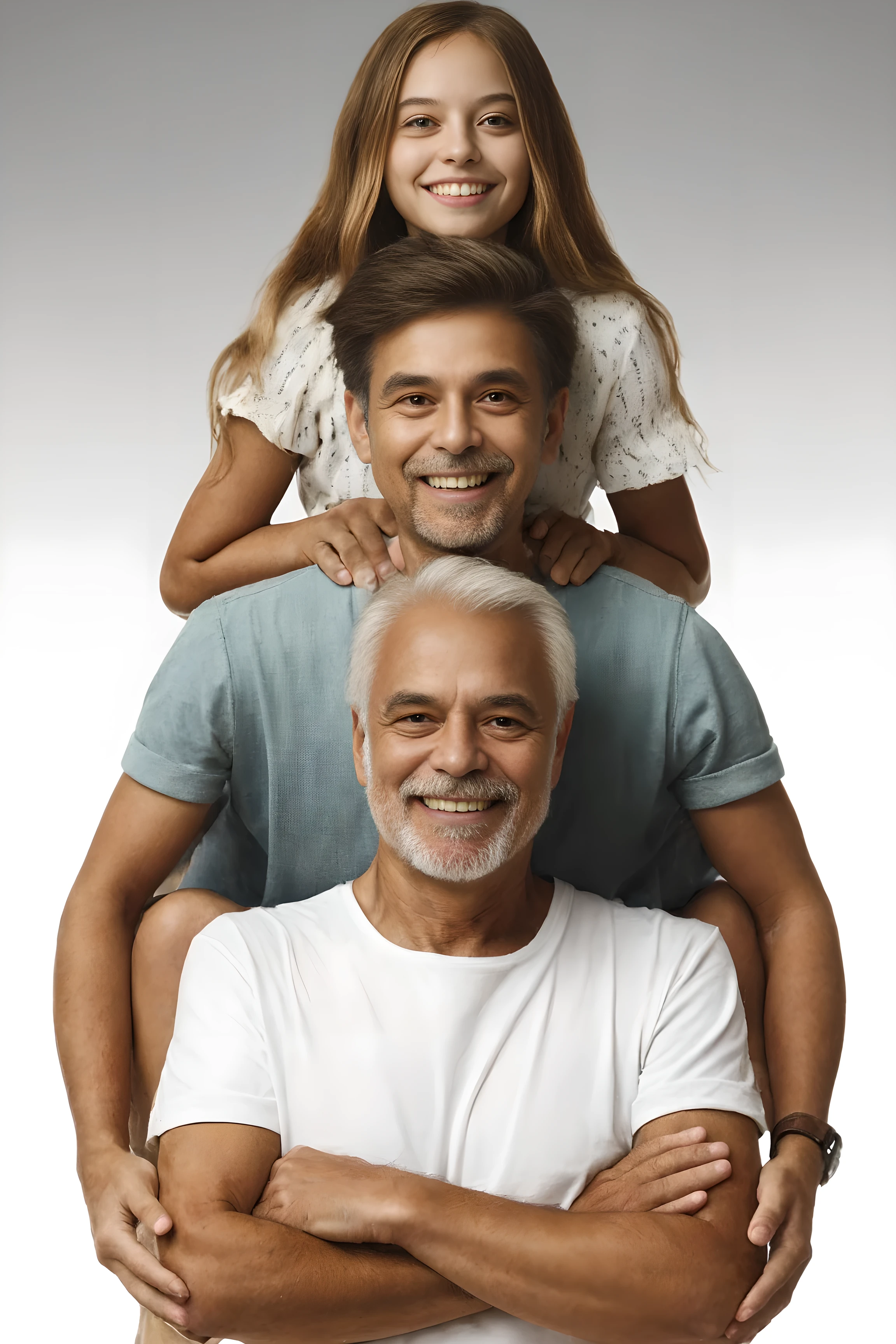 grandfather, father and granddaughter. Masterpiece. High quality. High definition. Studio Light. Natural and expressive smile. 55 year old grandfather. 32 year old son between his grandfather and the girl. 8 year old granddaughter. 4K.