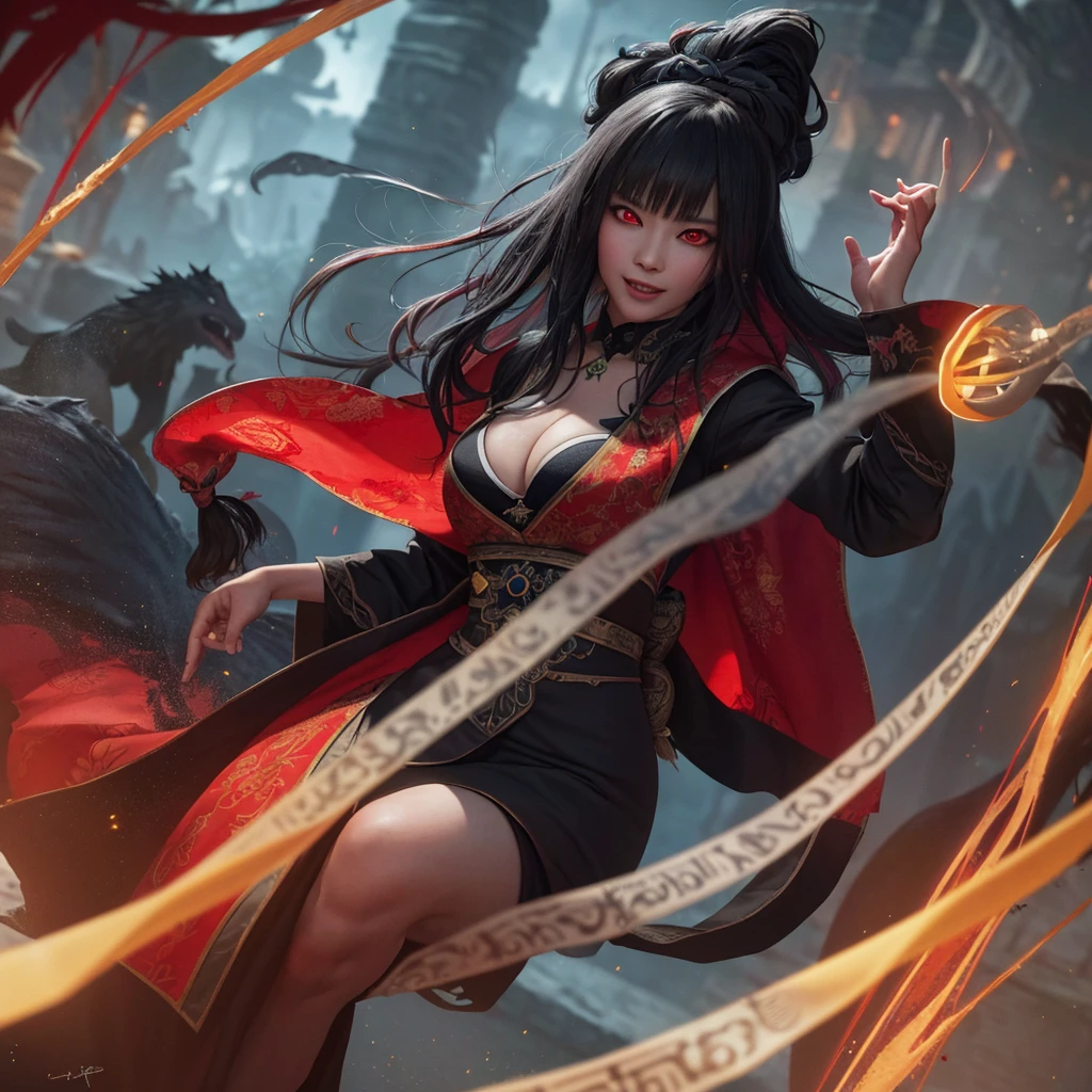 A witchy Asian spirit, Malaysian woman, age 25, ankle length hair, corrupt billowing silken robes with blood red trim (very risque but still enough is covered to be SFW) , glowing eyes, and a unholy aura, she is laughing cruelly, she floats above a corrupt magic circle in a medieval European village, black serpentine Asian drakes slither around the edges of the scene(almost out of sight, almost out of reach). (best quality, 4k, highres, masterpiece:1.2), ultra-detailed, (realistic, photorealistic, photo-realistic:1.37), HDR, UHD, studio lighting, ultra-fine painting, sharp focus, physically-based rendering, extreme detail description, professional, vivid colors, bokeh, portraits, landscape, horror, anime, sci-fi, photography, concept artists, vibrant colors, soft lighting.