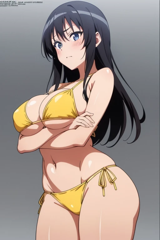 (masutepiece, Best Quality, High resolution, anime screencap, anime colours, megami magazine:1.2, anime poster style, anime keyvisual, sharp, 8k, photorealistic), (beautiful eyes:1.5, beautiful face), crossed arms, Kotegawa Yui, 1girl, solo, Cute, blush, (Long Black Hair), (large breasts:1.2), underboob, (yellow Bikini:1.2), cowboy shot, standing, (Perfect detailed Anatomy, beautifull detailed face, Beautiful detailed eyes, beautiful detailed hair, perfect detailed body:1.2, shiny skin), (thick outline, Beautiful outlines, black outlines), simple background