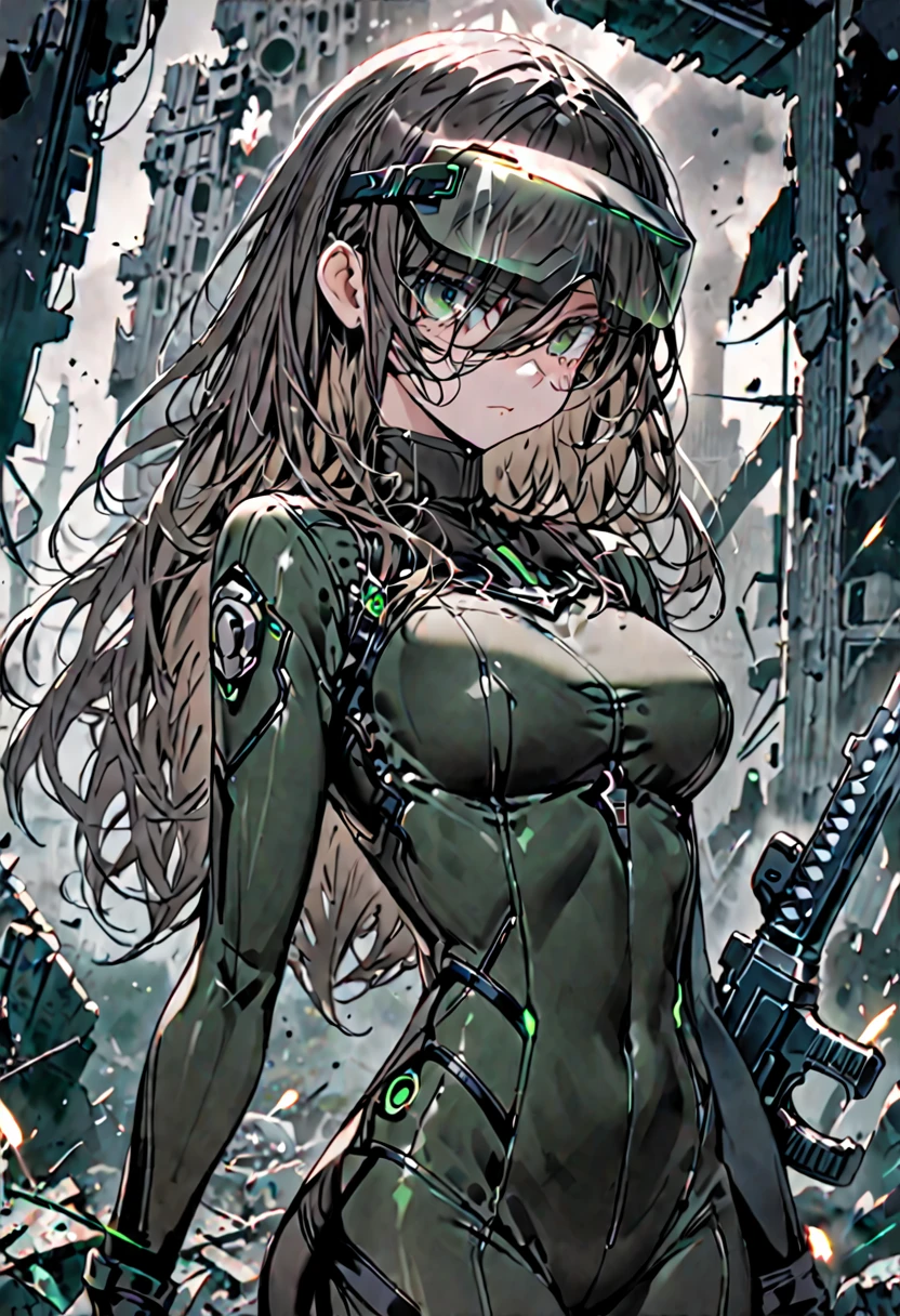 solo, female, sfw, medium shot, skintight bodysuit, dark green bodysuit, long silky hair, brown hair, futuristic assault rifle, black shoulder gloves, black shrug, ruins, expressionless, scars, hourglass figure, eye visor:1.3, large visor, grey visor, visor over both eyes, covering eyes, eyeless, eye mask,