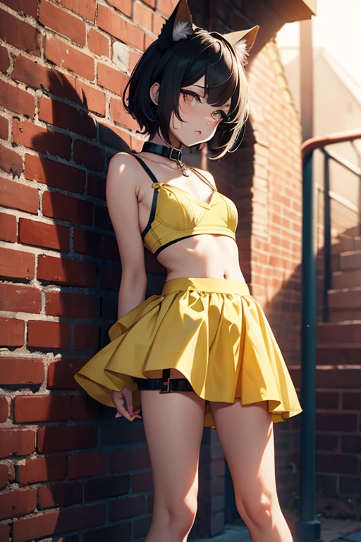 femboy, (flat chest:1.2), miniskirt with side slit, bra, straps on arms, chain leash, collar, viewer holding leash, (knees spread), short messy black hair, light amber eyes, [cat ear accessory], blushing, high_quality, masterpiece, 4k, background:brick wall, arched back, (black and yellow clothing), arms between legs, kneeling, bare feet
