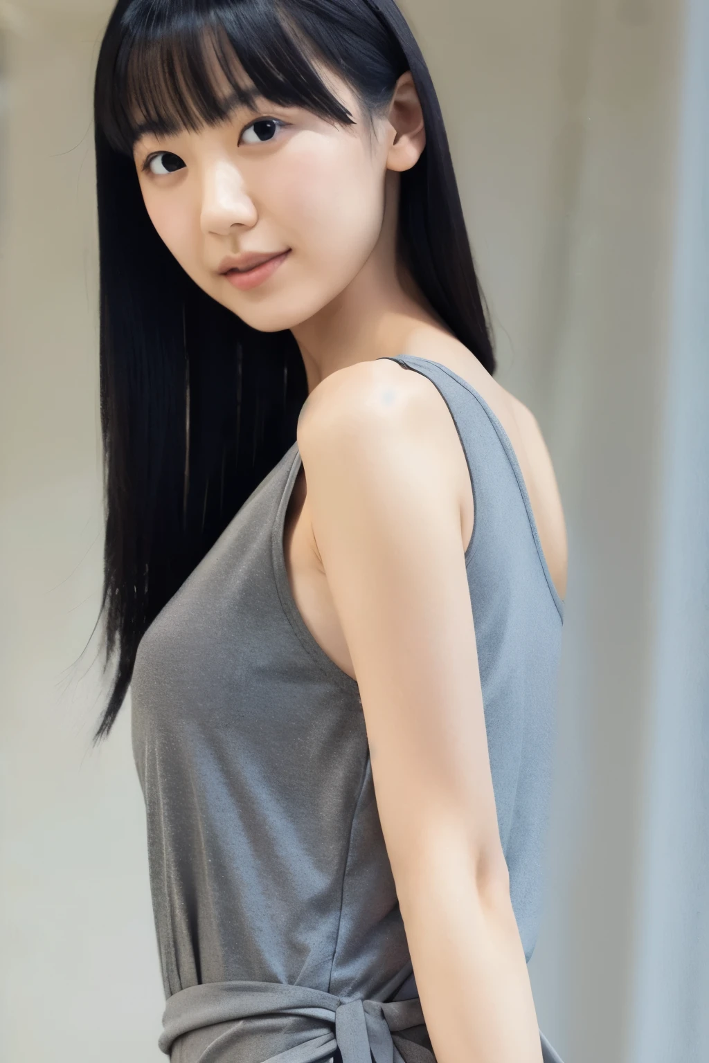 A Japanese lady, skinny figure, small breasts, extremely thin waist, beautiful face, beautiful eyes, natural make up, black long hair, wearing a tight grey dress with an open back design, looking back at your audience, 1girl in, solo, detailed face and eyes, detailed fingers and arms. Full body photo. Realistic, Photorealistic.