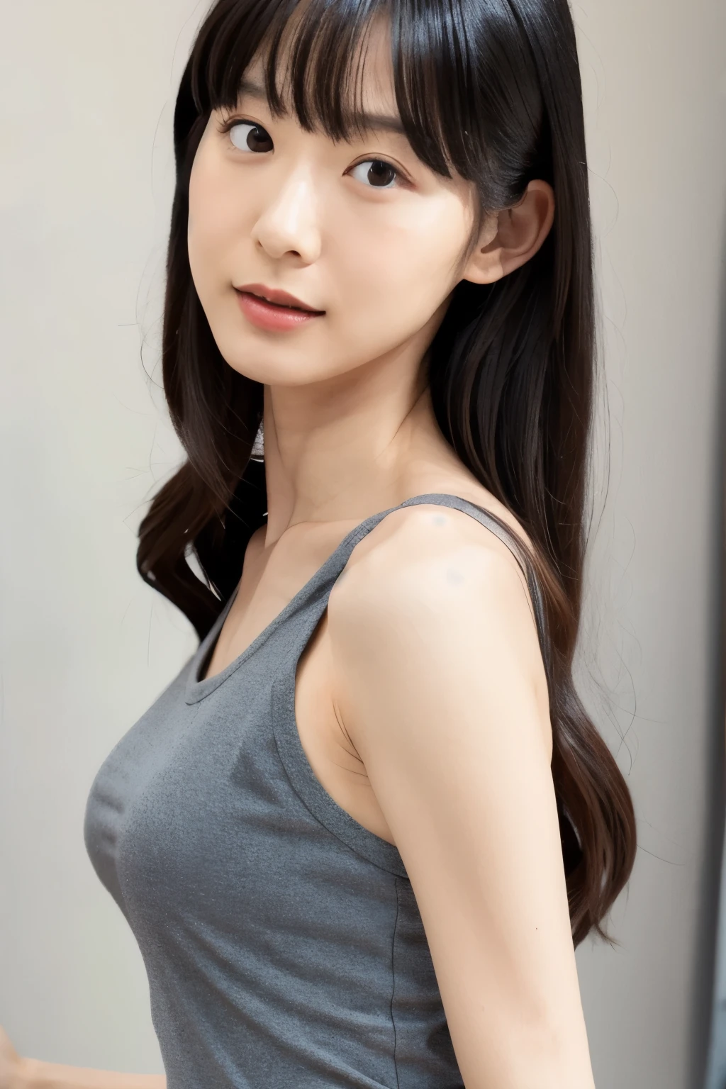 A Japanese lady, skinny figure, small breasts, extremely thin waist, beautiful face, beautiful eyes, natural make up, black long hair, wearing a tight grey dress with an open back design, looking back at your audience, 1girl in, solo, detailed face and eyes, detailed fingers and arms. Full body photo. Realistic, Photorealistic.