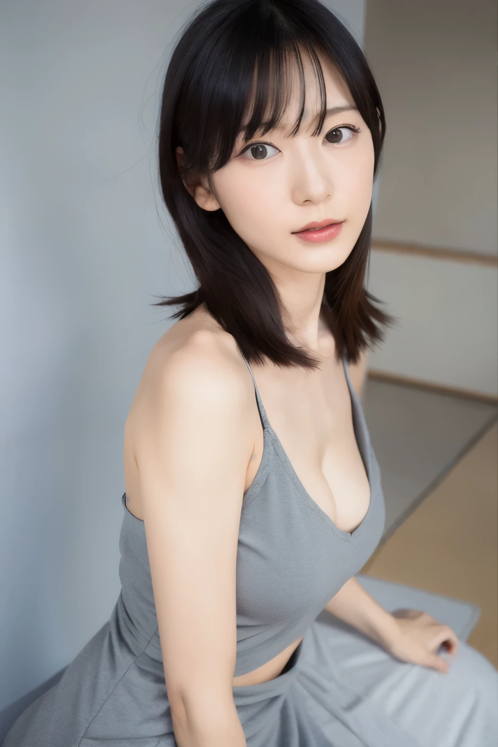 A Japanese lady, skinny figure, small breasts, extremely thin waist, beautiful face, beautiful eyes, natural make up, black long hair, wearing a tight grey dress with an open back design, looking back at your audience, 1girl in, solo, detailed face and eyes, detailed fingers and arms. Full body photo. Realistic, Photorealistic.