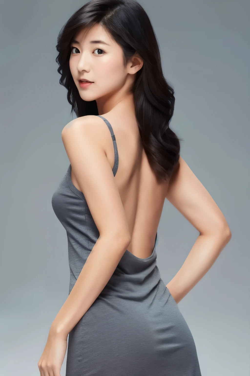 A Japanese lady, skinny figure, small breasts, extremely thin waist, beautiful face, beautiful eyes, natural make up, black long hair, wearing a tight grey dress with an open back design, looking back at your audience, 1girl in, solo, detailed face and eyes, detailed fingers and arms. Full body photo. Realistic, Photorealistic.