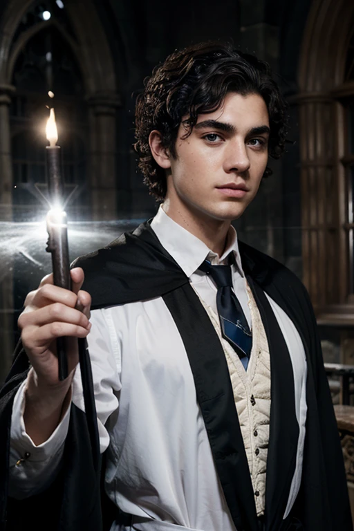 A white young man with black messy curly hair, thick eyebrows, with a white shirt, blue tie, and a black robe in hogwarts uniform and water powers