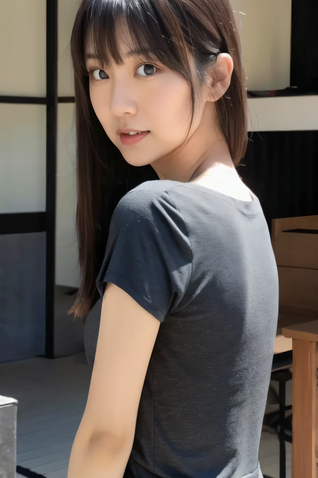 A Japanese lady, skinny figure, small breasts, extremely thin waist, beautiful face, beautiful eyes, natural make up, black long hair, wearing a tight grey dress with an open back design, looking back at your audience, 1girl in, solo, detailed face and eyes, detailed fingers and arms. Full body photo. Realistic, Photorealistic.