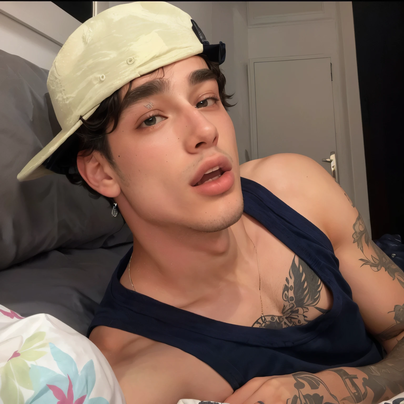 There is a man with a hat lying on a bed, taken at the beginning of 2020, Tommy 1 6 anos, ele tem cerca de 20 anos, ele tem cerca de 2 0 anos, tongue out, o extremamente quente e sexy, 18 anos de idade, inspirado em Randy Vargas, queixo enorme, foto de perfil