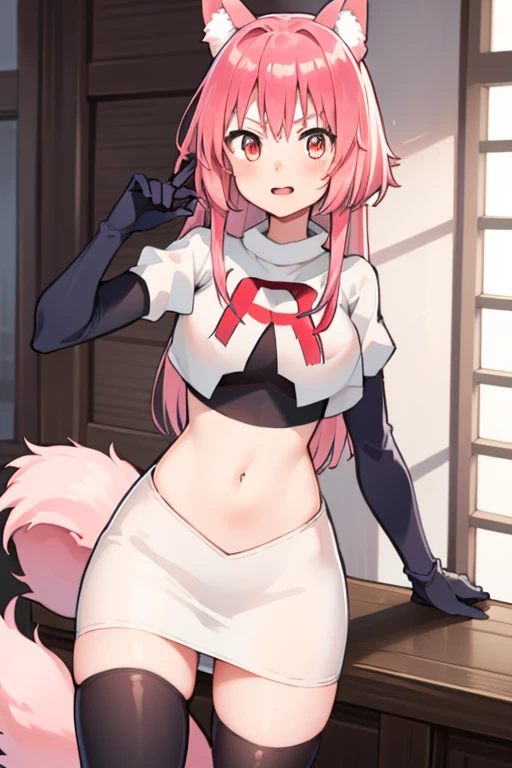 girl, Ranka Ookami,pink wolf ears, pink hair, pink wolf tail, team rocket,team rocket uniform,white skirt,red letter R,crop top,black thigh-highs,black elbow gloves