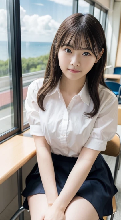 One girl、、 (alone)、(Thrust up the chest)、18 year old student、(Sitting in a school chair by the window)、She is in a bad mood、(Super beautiful girl:1.5)、Large Breasts、Tight blouse、(一张细致的face)、Textured Skin、face、Bare leg hair、(uniform)、high school、classroom、School desks and chairs、Out of the window, I can see the sea, the summer sky, and cumulonimbus clouds...