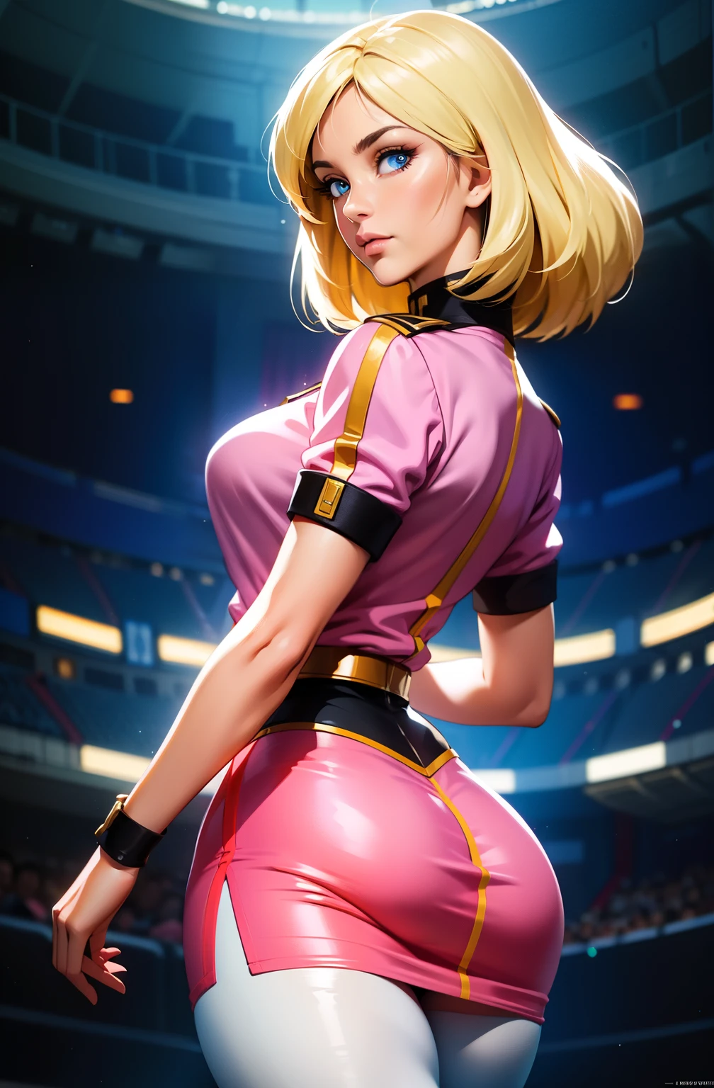 ((masterpiece)), ((cinematic lighting)), realistic photo、Real Images、Top image quality、1girl in, sayla mass, Elegant, masterpiece, Convoluted, slim arms, wide hips, thick thighs, thigh gaps, Best Quality, absurderes, high face detail, Perfect eyes, mature, Cowboy Shot, , Vibrant colors, soft pink uniform, soft pink Skirt, white tights, side view, looking at viewer