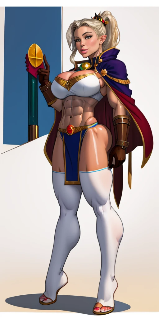 ((masterpiece, white background:1.2)) full body of a woman, standing feet together, extremely long hair, ponytail, perfect anatomy 1sologirl, tall slim thick ((muscular)) high elf toned body, silver breast plate, blue cape, slender abs, hourglass waist, detailed face, defined cheekbones, puffy lips, red gloves gauntlets, gold crown, shadow over eyes, looking at viewer view from below, white thigh highs lingerie