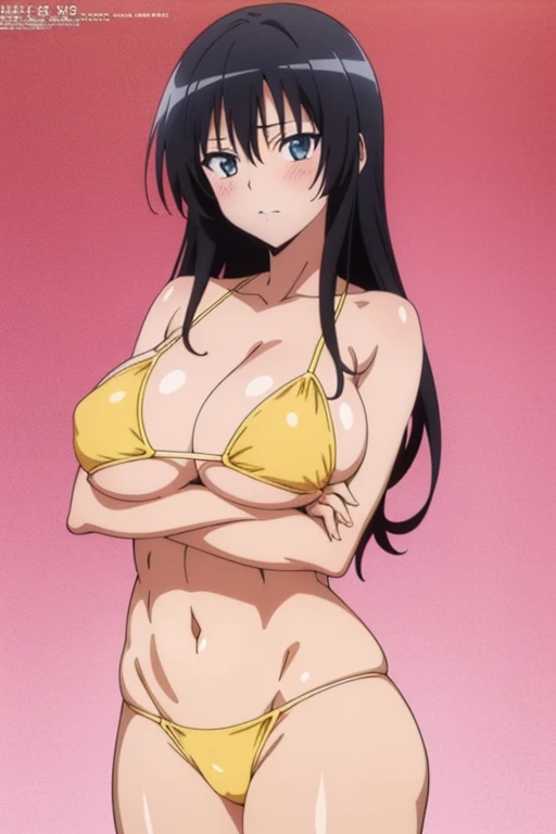 (masutepiece, Best Quality, High resolution, anime screencap, anime colours, megami magazine:1.2, anime poster style, anime keyvisual, sharp, 8k, photorealistic), (beautiful eyes:1.5, beautiful face), perfect crossed arms, Kotegawa Yui, 1girl, solo, Cute, blush, (Long Black Hair), (huge breasts:1.2), underboob, (yellow Bikini:1.2), cowboy shot, standing, (Perfect detailed Anatomy, beautifull detailed face, Beautiful detailed eyes, beautiful detailed hair, perfect detailed body:1.2, shiny skin), (thick outline, Beautiful outlines, black outlines), simple background