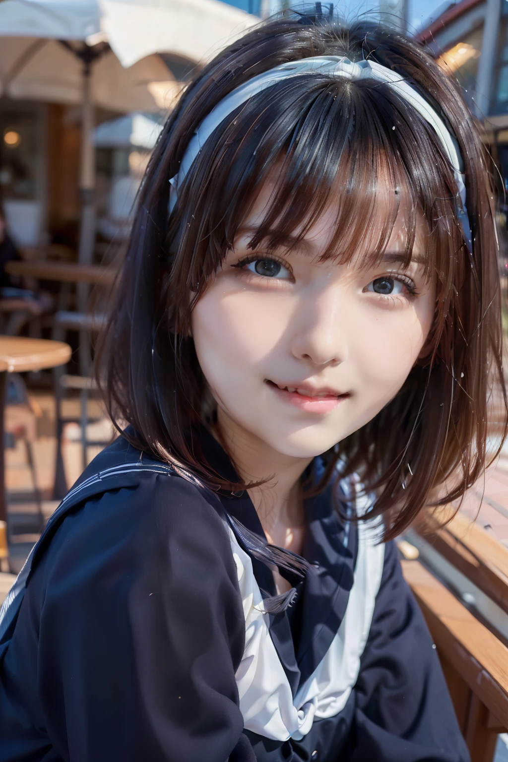 Sailor suit, One Woman, (Beautiful woman, delicate :1.3), Shiny Black Hair, Bobcut, bangs, (8k), (highest quality: 1.2), (Realistic), (Realistic: 1.37), (masterpiece), (Ultra-high resolution), (RAW Photos), (Absolute Resolution), (((face is small compared to body: 1.4))), (((Small face:１.4))), A balanced face, (Small Mouth: 1.4), ((Slim female body: 1.4)), Black Hair, (((long sleeve Sailor suit))), realistic high school girl, (((White headband))), Small breasts, Slanted Eyes, Bright Blue Eyes, (Cafe on the open terrace), Open your mouth, smile, Blurred, full body,