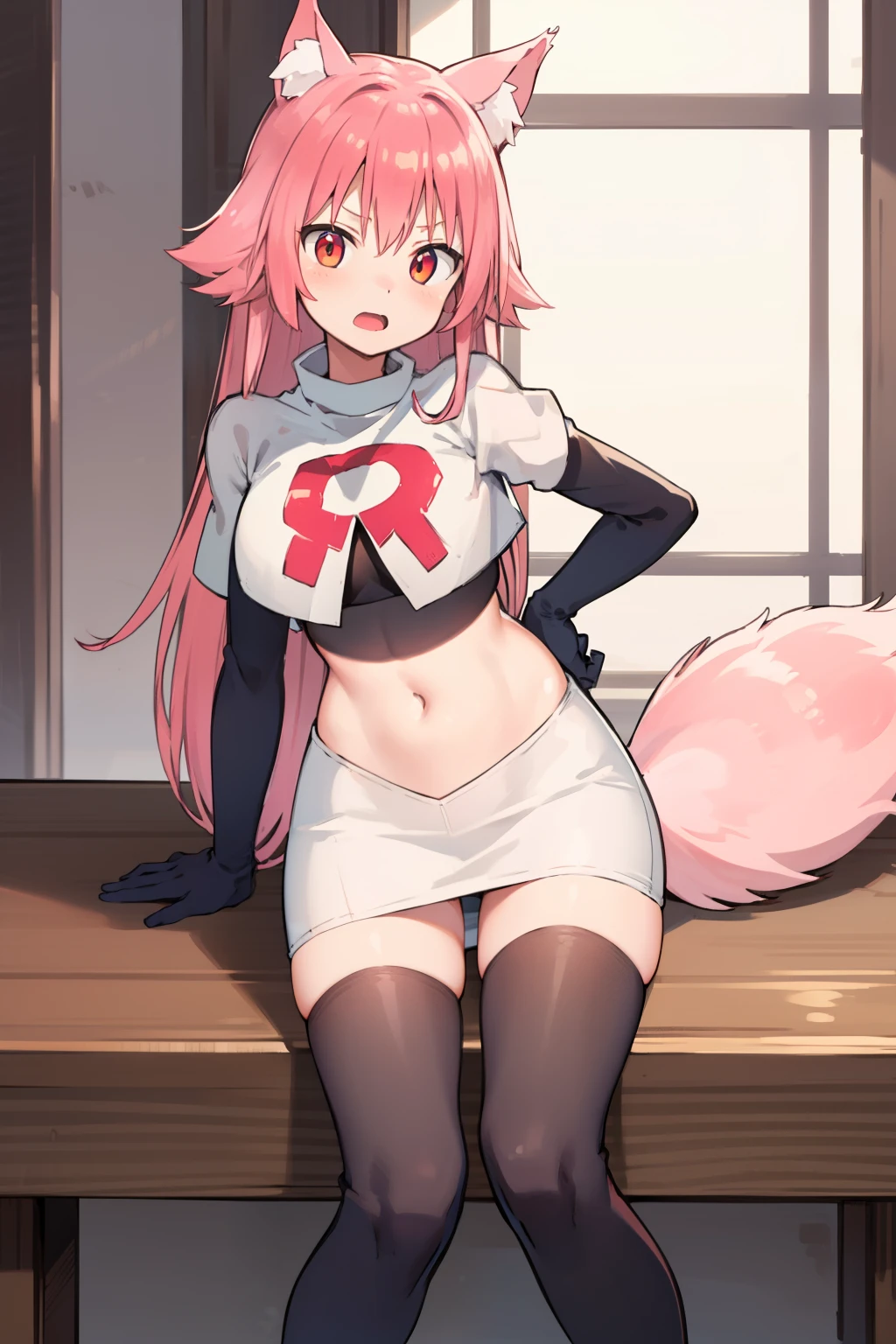 girl, Ranka Ookami,pink wolf ears, pink hair, pink wolf tail, team rocket,team rocket uniform,white skirt,red letter R,crop top,black thigh-highs,black elbow gloves