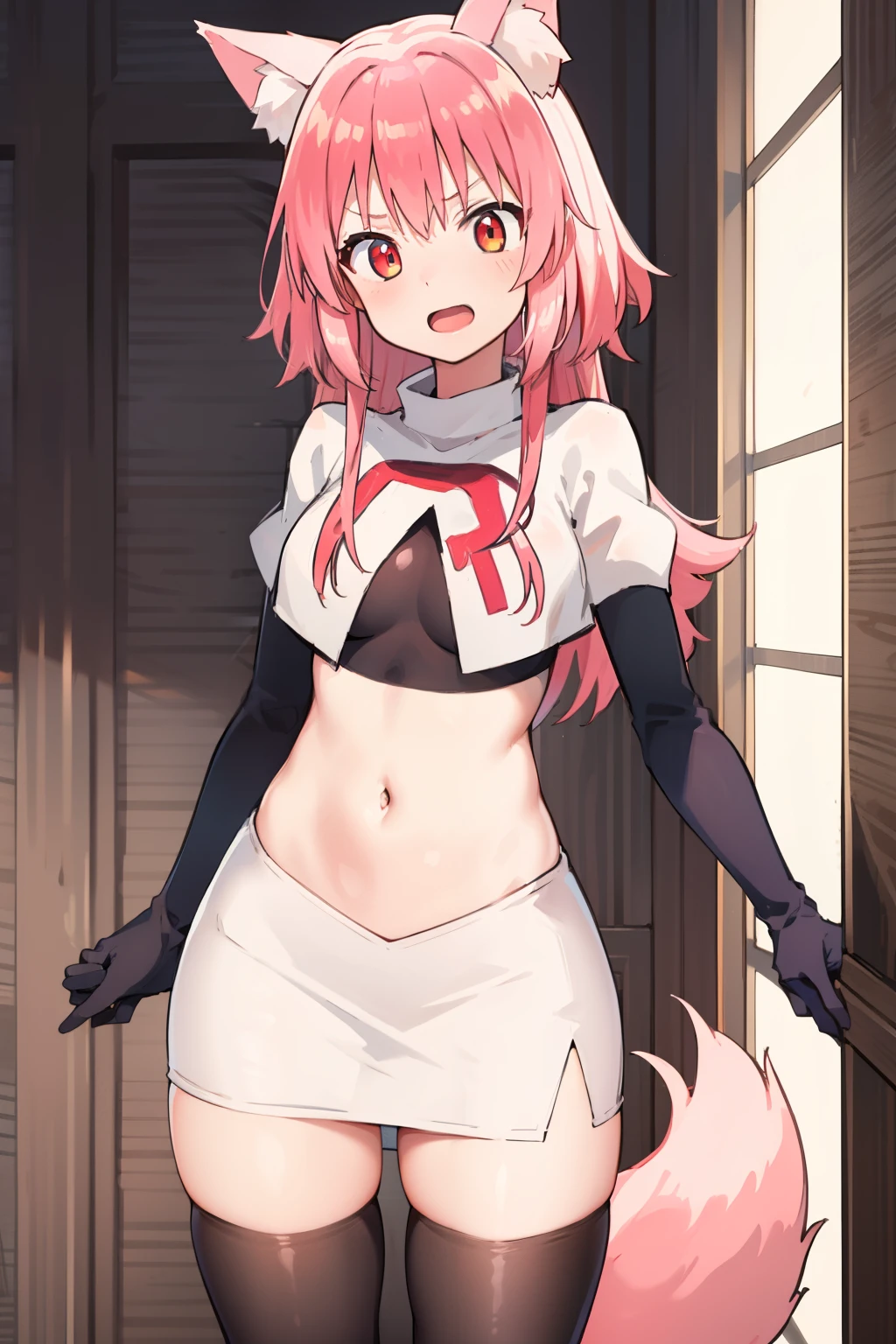girl, Ranka Ookami,pink wolf ears, pink hair, pink wolf tail, team rocket,team rocket uniform,white skirt,red letter R,crop top,black thigh-highs,black elbow gloves