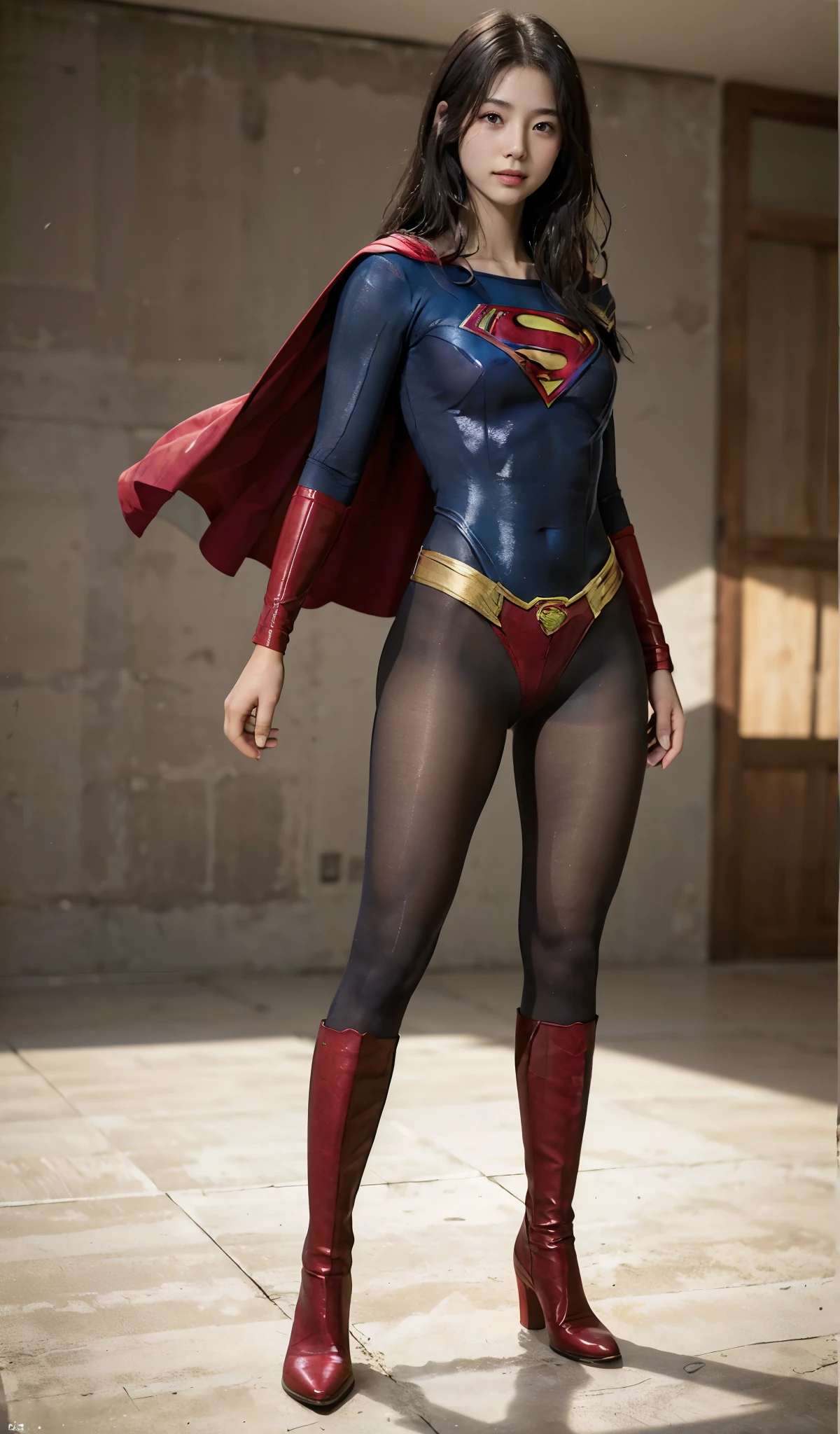 No background、(((Beautiful legs in black tights.)))、(((Legally express the beauty of your smile)))、((((Make the most of your original images)))、(((Supergirl Costume)))、(((Beautiful Hair)))、(((suffering)))、(((Please wear black tights....、Wear red boots)))、((Best image quality、8k))、((highest quality、8k、masterpiece:1.3))、(((Preserve background )))、Sharp focus:1.2、Beautiful woman with perfect figure:1.4、Slim Abs:1.2、Wet body:1.5、Highly detailed face and skin texture、8k