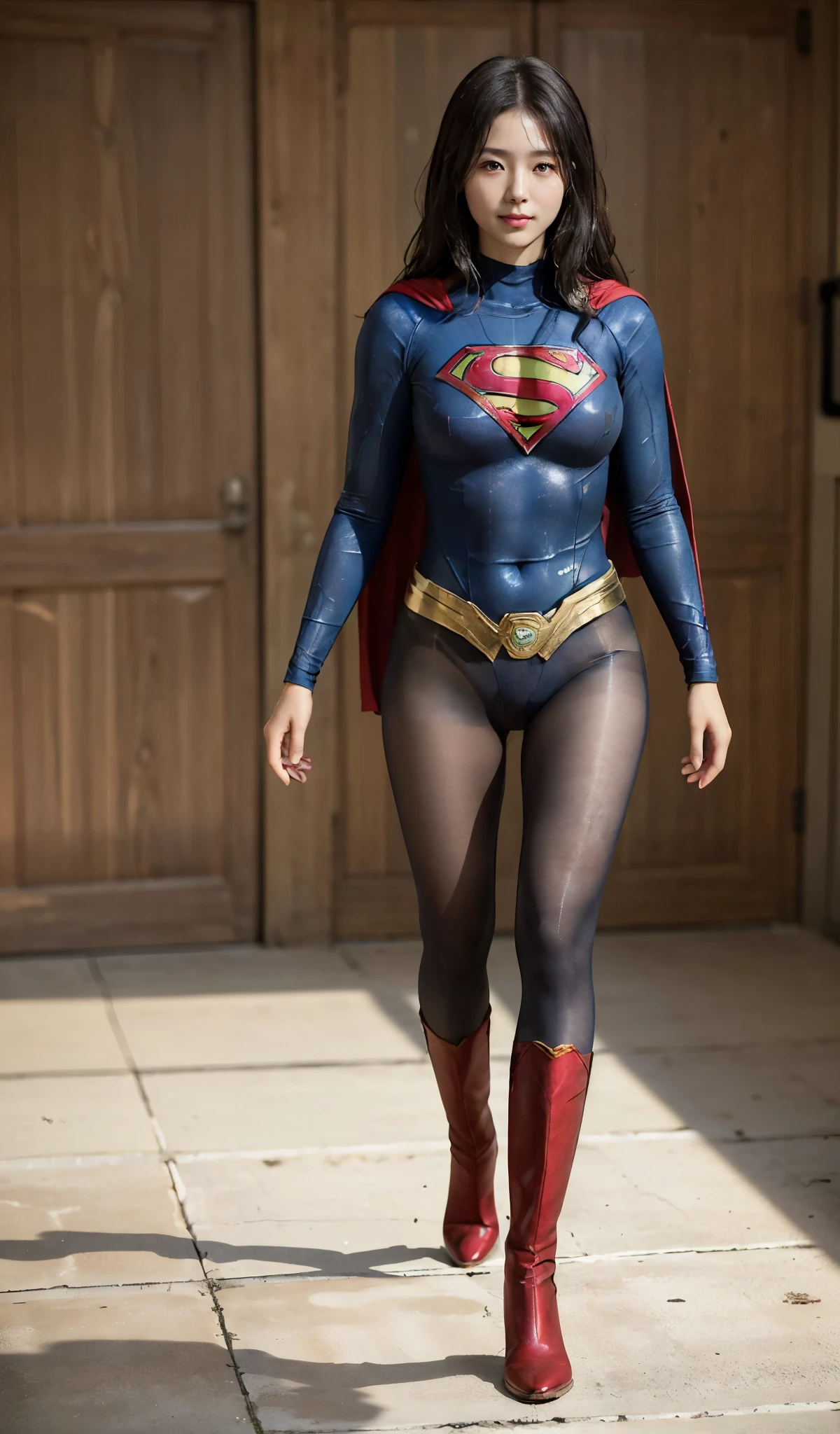 No background、(((Beautiful legs in black tights.)))、(((Legally express the beauty of your smile)))、((((Make the most of your original images)))、(((Supergirl Costume)))、(((Beautiful Hair)))、(((suffering)))、(((Please wear black tights....、Wear red boots)))、((Best image quality、8k))、((highest quality、8k、masterpiece:1.3))、(((Preserve background )))、Sharp focus:1.2、Beautiful woman with perfect figure:1.4、Slim Abs:1.2、Wet body:1.5、Highly detailed face and skin texture、8k