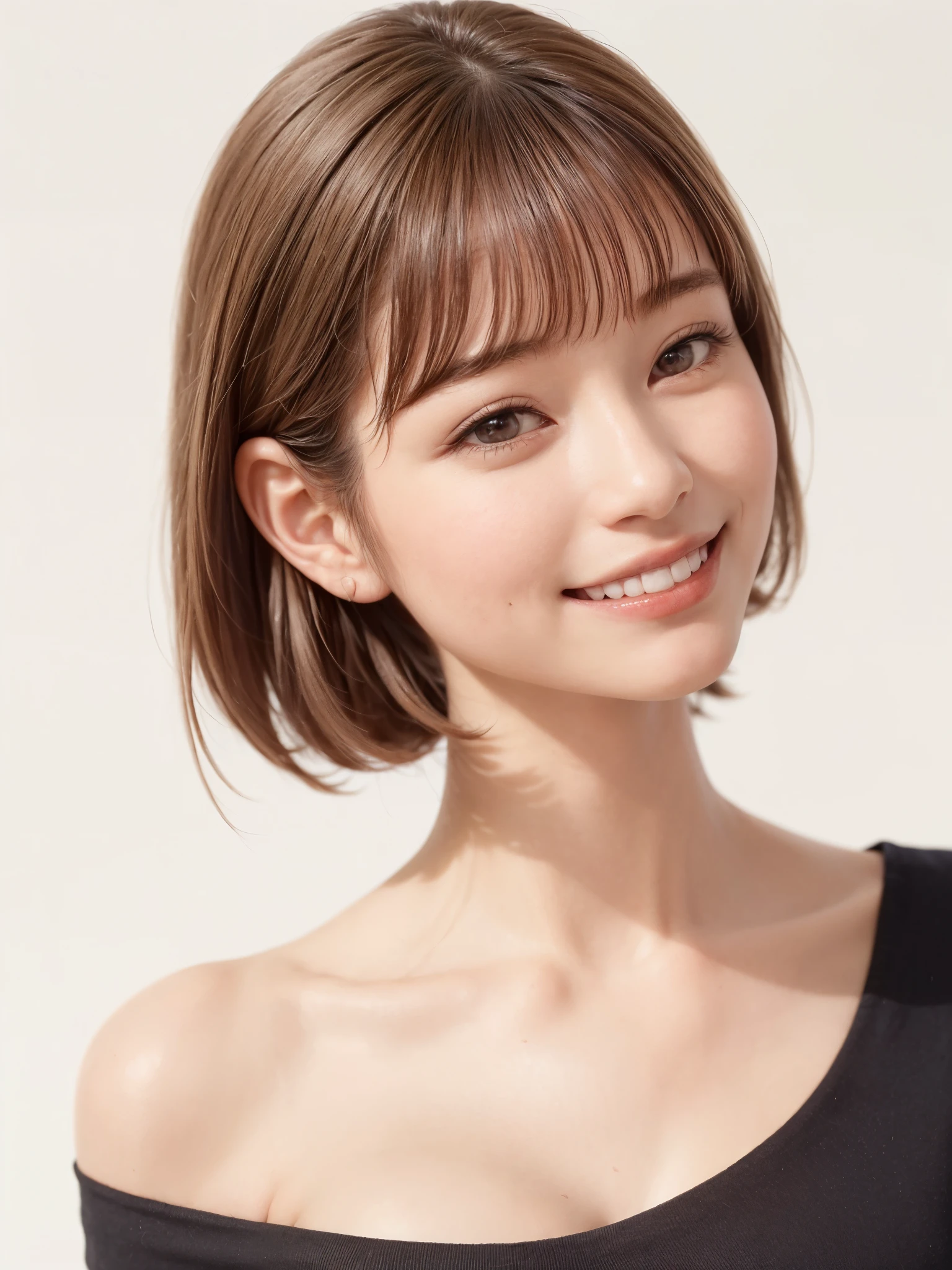 1 girl, alone, Beautiful Skin, very detaileded, ultra detaileded, Ultra-high resolution, (Photorealism:1.4), (highest quality), (Best Shadow), detailed, Perfect lighting, Black Hair, ((Showpiece, highest quality, High precision)), One Girl, (Realistic: 1.4), (look up at the camera even a little, カメラをlook up, look up, look up at the camera, Looking into the camera))), alone, White Background, snow-White Background, shut up., smile, pretty Black Hair, short hair:1.6, Big eyes, Beautiful double eyelids, eyelash, listen, Long neck, 美しいLong neck, Absolute area, ((Face close-up, short hair with bangs、Short Bob Hair:1.5、Off the shoulder)), 19 years old, Attractive proportions, Shiny skin, Beautiful clavicle, Golden ratio face, Perfect Face, Teardrop-shaped mole, Mole on chest, bangs, clean bangs, beautiful bangs, Lip gloss, Thin lips, White skin, I took off my clothes, Small face, Small face, 少し上を向いてLooking into the camera, ((smile a little for the camera, really nothing pure White Background, Listen carefully, big 胸、Dynamic Angle:1.5、Workplace Safety:2))