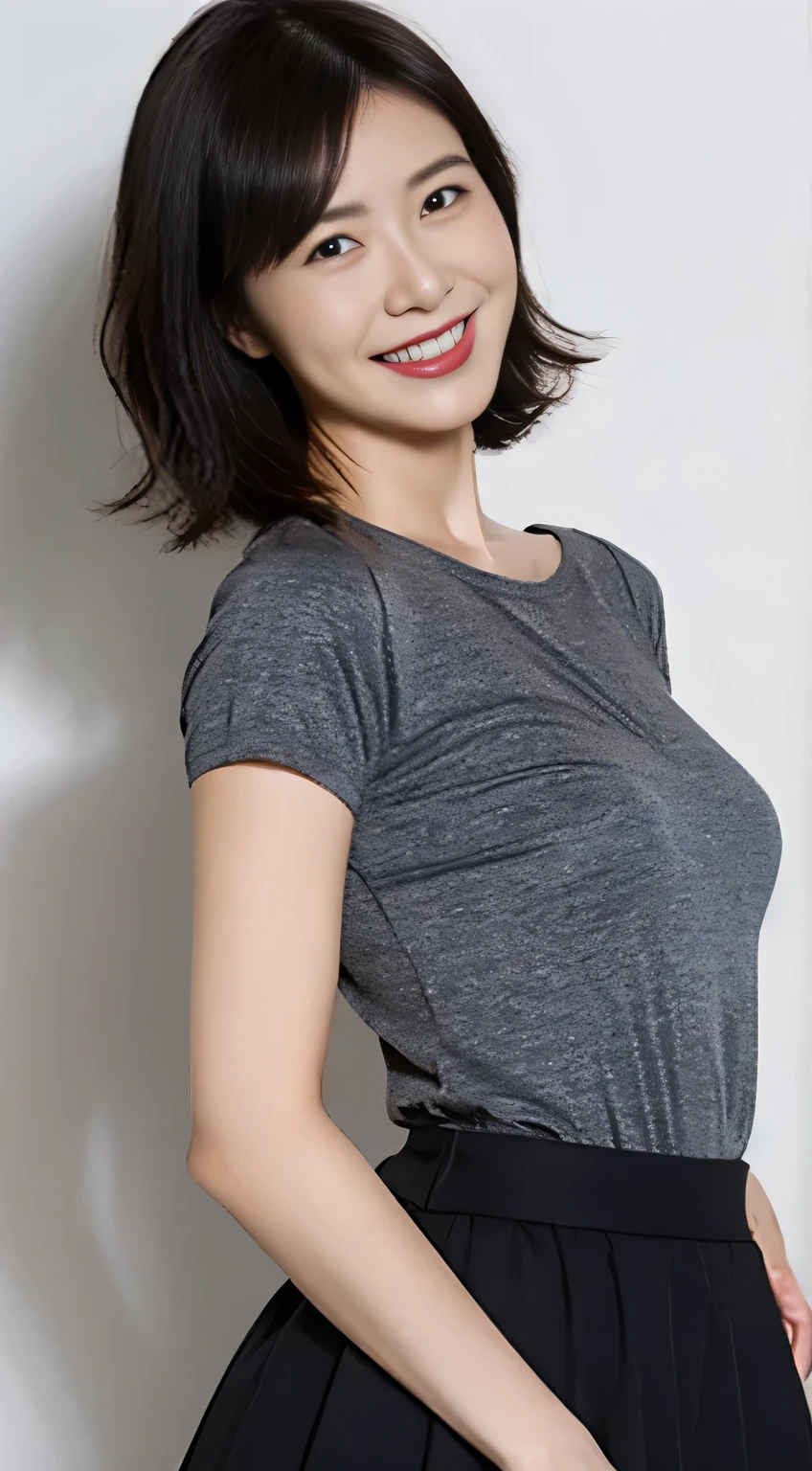 Very Short Hair Black Hair A seductive smile Skirt 40 years old Japanese Plain T-shirt G-cup breasts Surreal
