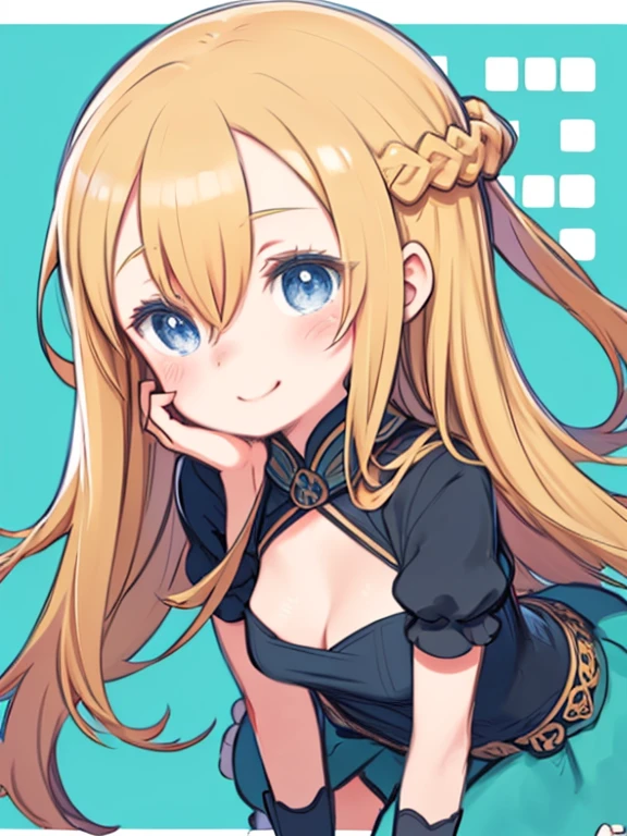 masterpiece、highest quality、High resolution、Very detailed、((Flat Color))、whole body、Chibi Character、girl、cute、Nendoroid、smile、( blue eyes, Braiding、long blond、Hair between the eyes、Big Breasts)、Completely naked、Embarrassed、Smiling、Twisting the body、Put your hand on your cheek、