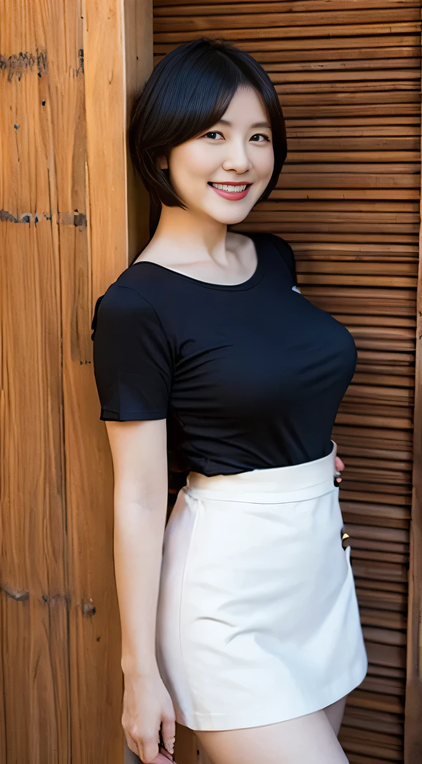 Very Short Hair　　Black Hair　A seductive smile　Skirt　45 years old　Japanese　Plain T-shirt　G-cup breasts　Surreal