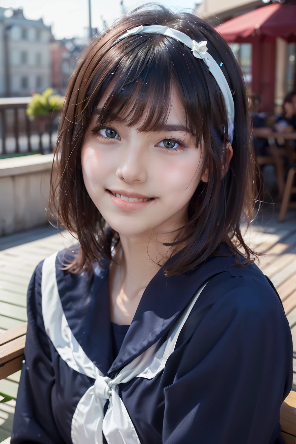 Sailor suit, One Woman, (Beautiful woman, delicate :1.3), Shiny Black Hair, Bobcut, bangs, (8k), (highest quality: 1.2), (Realistic), (Realistic: 1.37), (masterpiece), (Ultra-high resolution), (RAW Photos), (Absolute Resolution), (((face is small compared to body: 1.4))), (((Small face:１.4))), A balanced face, (Small Mouth: 1.4), ((Slim female body: 1.4)), Black Hair, (((long sleeve Sailor suit))), realistic high school girl, (((White headband))), Small breasts, Slanted Eyes, Bright Blue Eyes, (Cafe on the open terrace), Open your mouth, smile, Blurred, full body,