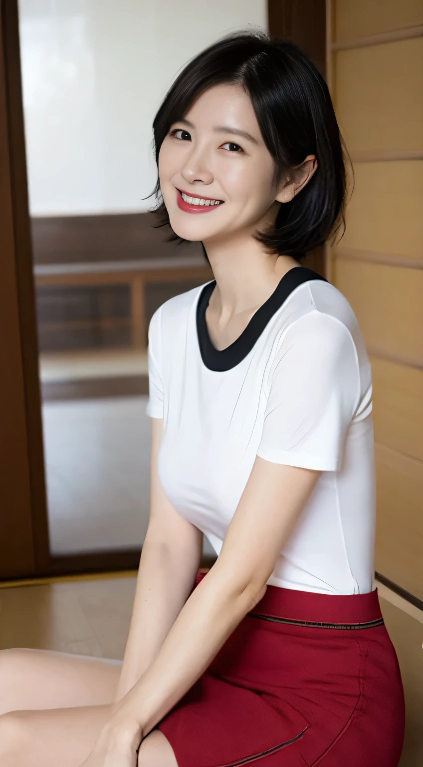 Very Short Hair Black Hair A seductive smile Skirt 45 years old Japanese Plain T-shirt G-cup breasts Surreal