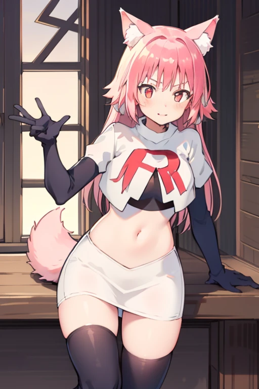 girl, Ranka Ookami,pink wolf ears, pink hair, pink wolf tail, team rocket,team rocket uniform,white skirt,red letter R,crop top,black thigh-highs,black elbow gloves