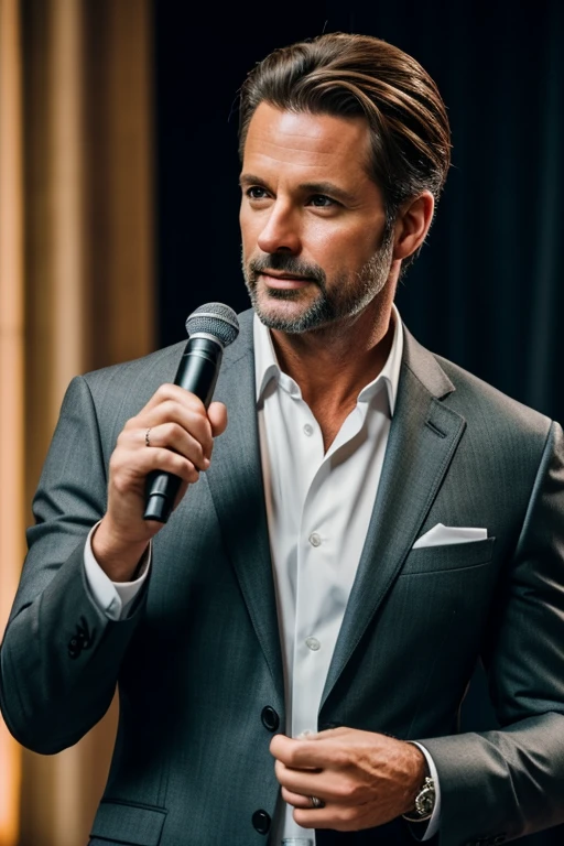 handsome male 40 years old, brushback hair wearing a SLIM-FIT SUIT preaching with microphone highlights with a wedding rings detailed, concert hiquality, with a wedding rings, olhos verdes, olhos azuis, light brown hair, (hyperrealistic), speaking happy, Realism, Canon, Nikon, 85mm, HD, 4K, best quality, high details, textured