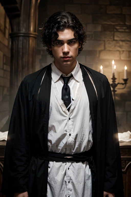 A white young man with black messy curly hair, thick eyebrows, with a white shirt, blue tie, and a black robe in hogwarts uniform and water powers